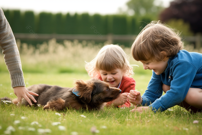 室外户外场景孩子和狗在草地上快乐玩耍,高清,摄影图,摄影图片,图片大全,摄影图免费下载